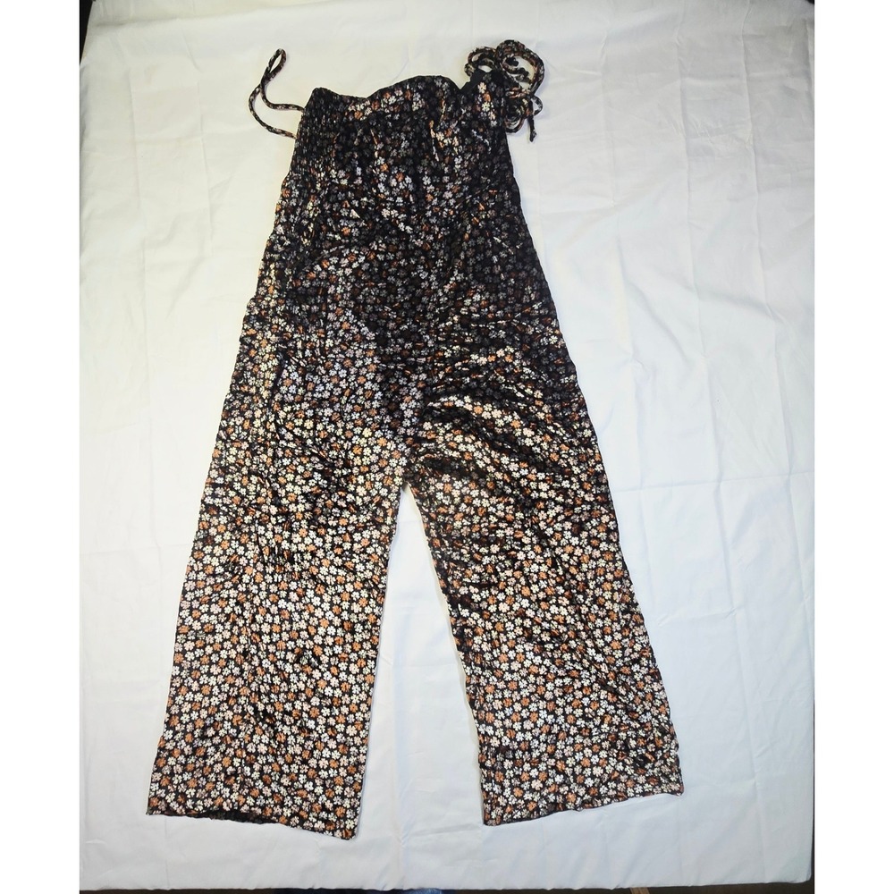 Madewell Women Floral Velvet Jumpsuit 10 Black Smocked Wide Leg (READ DESCR)